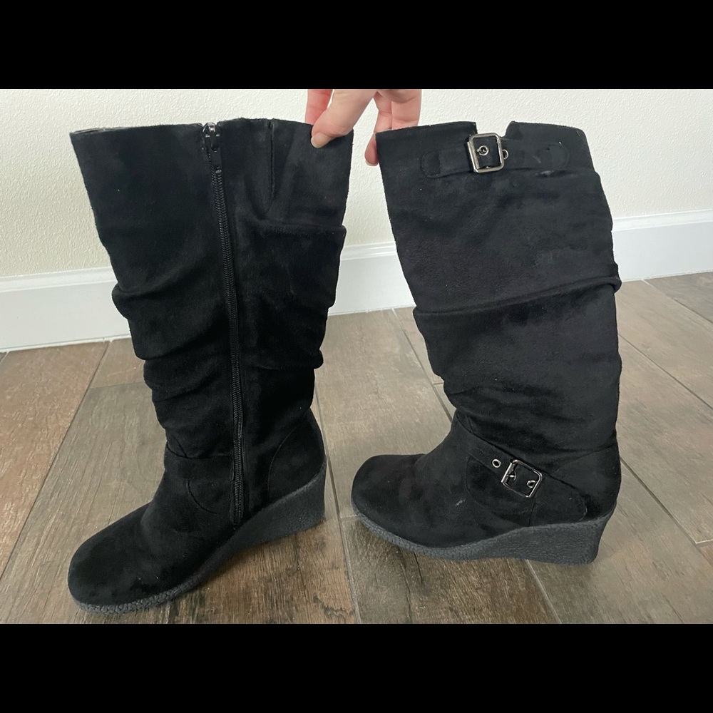 Mid-Calf Faux Suede Black Wedge Boots